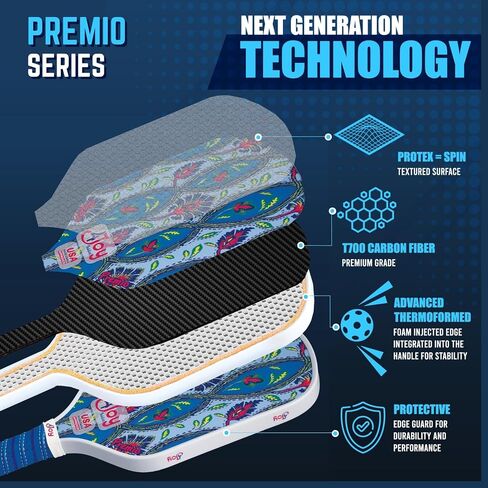 4Joy Pickleball Paddle Premio Series - Thermoformed Premium T700 Carbon Fiber Pickleball Paddless - Professional Pickleball Rackets for Women & Men - 16mm Honeycomb Core - USAP Approved in Saudi Arabia