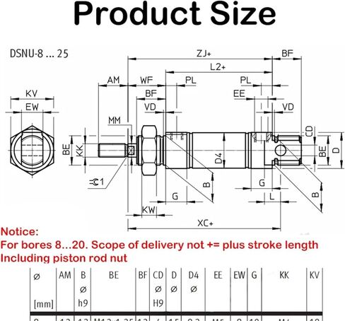 1pcs أسطوانة الهوائية الفولاذ المقاوم للصدأ من الفولاذ المقاوم للصدأ اسطوانة القلم الدائرية dsnu10/12/16x25/50/75/11/115/150/175/200-p-a (Bore 12 (DSNU 12) ، السكتة الدماغية 125 ملم) in Kuwait