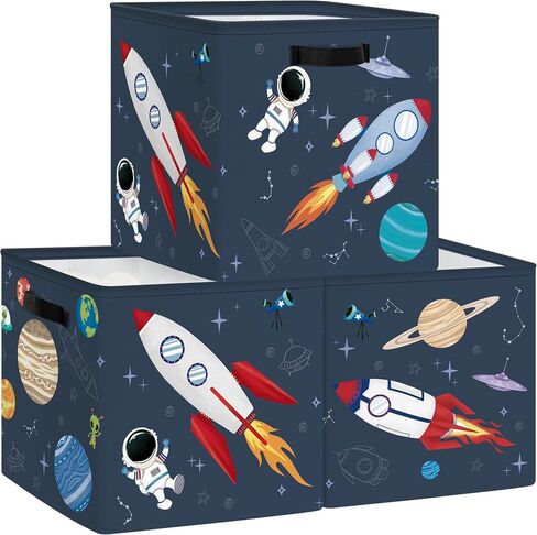Clastyle 11.8" Space Storage Basket Set of 3 for Kid Boy Toy Clothes Bin | Collapsible Fabric Book Bin, Metal Frame Bottom Board, Cube Organizer, Closet Nursery Pantry Shelf Bedroom, Solar System in Saudi Arabia