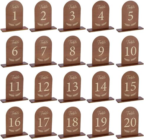FINGERINSPIRE 20 Pcs Wooden Wedding Table Numbers 1-20 with Stand Coconut Brown Double Sided Print Arch Table Number Sign with Holder for Bridal Shower Banquet Restaurant Party in Saudi Arabia