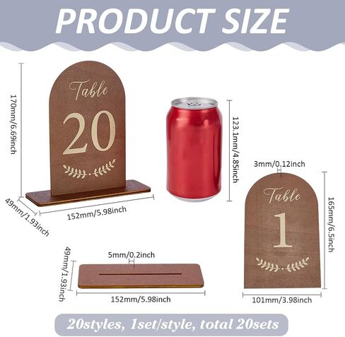 FINGERINSPIRE 20 Pcs Wooden Wedding Table Numbers 1-20 with Stand Coconut Brown Double Sided Print Arch Table Number Sign with Holder for Bridal Shower Banquet Restaurant Party in Saudi Arabia
