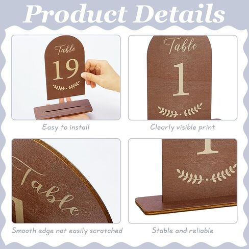FINGERINSPIRE 20 Pcs Wooden Wedding Table Numbers 1-20 with Stand Coconut Brown Double Sided Print Arch Table Number Sign with Holder for Bridal Shower Banquet Restaurant Party in Saudi Arabia