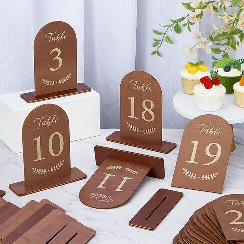 FINGERINSPIRE 20 Pcs Wooden Wedding Table Numbers 1-20 with Stand Coconut Brown Double Sided Print Arch Table Number Sign with Holder for Bridal Shower Banquet Restaurant Party in Saudi Arabia