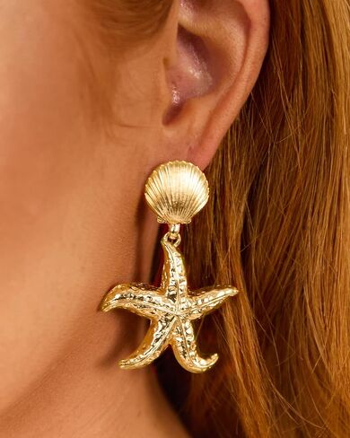 أقراط ذهبية مكتنزة للنساء العصرية 14K الذهب مطلي بالماء بيان النجوم إسقاط قطرة متدلية الأقطاب Hypoallergenic الصدف الصوري الشاطئ in Kuwait