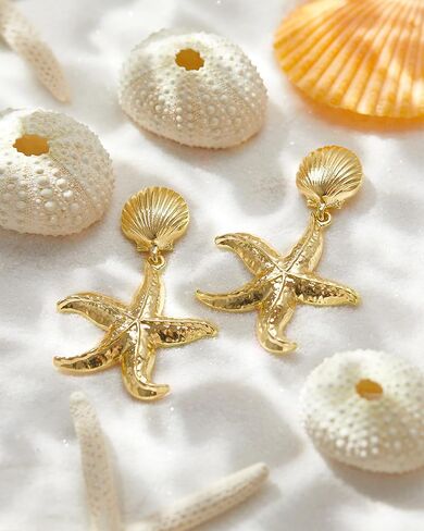 أقراط ذهبية مكتنزة للنساء العصرية 14K الذهب مطلي بالماء بيان النجوم إسقاط قطرة متدلية الأقطاب Hypoallergenic الصدف الصوري الشاطئ in Kuwait