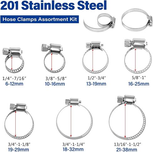 201 Stainless Steel Hose Clamp Assortment Kit, 30PCS Adjustable 1/4''- 1-1/2'' (21-38mm) Worm Gear Metal Fuel Line Clamp for Plumbing, Automotive And Mechanical Applications in Kuwait