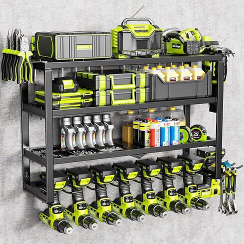 MAXIFFE 4 Layer Power Tool Organizer, 9 Drill Holder Heavy Duty Metal Wall Mount Cordless Tool Organizers and Storage Rack Holder for Garage Workshop Pegboard, Gifts for Men, Black, 32 inch in Saudi Arabia
