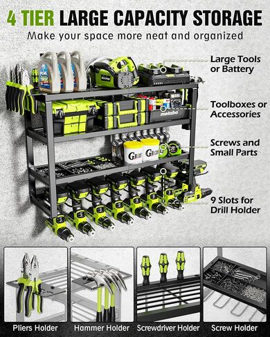 MAXIFFE 4 Layer Power Tool Organizer, 9 Drill Holder Heavy Duty Metal Wall Mount Cordless Tool Organizers and Storage Rack Holder for Garage Workshop Pegboard, Gifts for Men, Black, 32 inch in Saudi Arabia