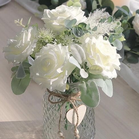 Hohotime الزهور الاصطناعية مع مزهرية ، ورود حريرية بيضاء ترتيب زهرة مزيفة مع الأوكالبتوس ، مزهرية نباتية مزهرية للمكاتب المنزلية طاولة الطعام المركزية مائدة القهوة ديكور مزرعة in Kuwait