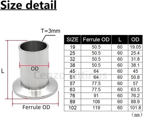 1pc SS304 Stainless Steel Length 60mm Long Welding Ferrule Tri Clamp OD19/25/32/38/45/51/63/76/89/102mm Pipe Fitting Flange L 60mm T 3mm(25mm Ferrule 50.5) in Saudi Arabia