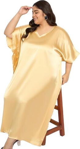 بالإضافة إلى حجم نساء Kaftan اللباس مريح ساتان صلبة ساتان Nighty Maxi فساتين Kimono Sleeve Nightwear Caftan in Kuwait