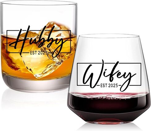 Wedding Gifts for Couples,Hubby & Wifey EST 2025 Wedding Glass Set,Bridal Shower Gifts for Bride and Groom, Newly-Married Anniversary for Him/Her，Mr and Mrs Gift in Kuwait