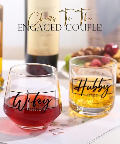 Wedding Gifts for Couples,Hubby & Wifey EST 2025 Wedding Glass Set,Bridal Shower Gifts for Bride and Groom, Newly-Married Anniversary for Him/Her，Mr and Mrs Gift in Kuwait