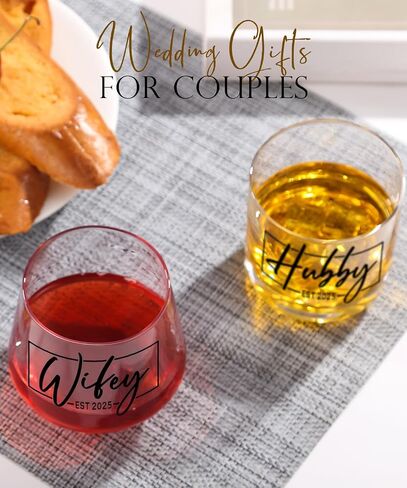 Wedding Gifts for Couples,Hubby & Wifey EST 2025 Wedding Glass Set,Bridal Shower Gifts for Bride and Groom, Newly-Married Anniversary for Him/Her，Mr and Mrs Gift in Kuwait
