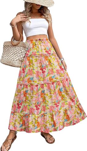 Womens Casual Boho Maxi Skirt A line Elastic High Waist Drawstring Trendy Swing Floral Beach Party Vacation Skirts in Saudi Arabia