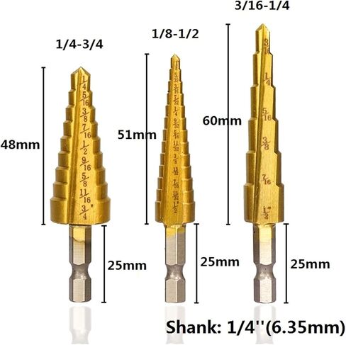 Step Drill Bit 1/8-3/4 Coated Step Cone Drill Bit for Wood Metal Hole Drilling Straight Grooved Hole Drill Bit 1Pcs(1pc Hex 1I8-1I2) in Saudi Arabia