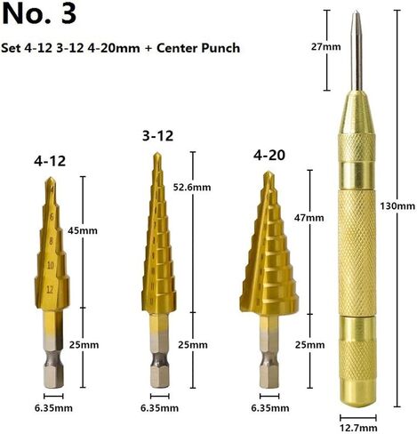Step Step Drill Bit Hex Shank 3-12/4-12/20/32mm مطلي بتثبيت بتات مخروطية بتدفق لأداة الحفر المعدنية الخشبية 4pcs (4pcs No.1) in Kuwait