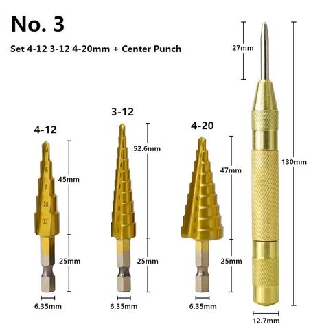 Step Drill Bit Hex Shank 3-12/4-12/20/32mm Coated Stepped Cone Drill Bit Set for Wood Metalworking Drilling Tool 4Pcs(4pcs NO.1) in Kuwait