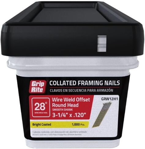Grip-Rite GRTS12D 12d Short, 3-1/4" x .120 Vinyl Coated, Smooth Shank 28-degree Clipped Head, Wire-Weld Collated, Stick Framing Nails - 500 per tub in Saudi Arabia