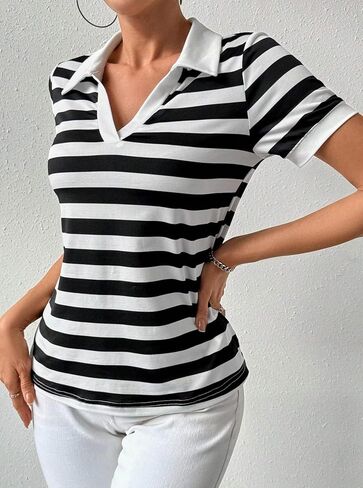 LilyCoco Womens Striped Shirt Fitted Collared Neck Short Sleeve T Shirt in Kuwait