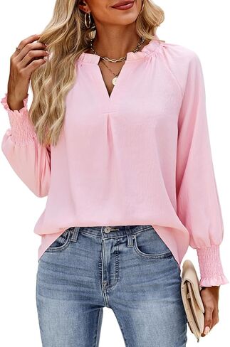HEYTALALA Womens V Neck Long Sleeve Tops 2025 Fall Casual Loose Puff Sleeve Boho Work Blouse Dressy T Shirts in Kuwait