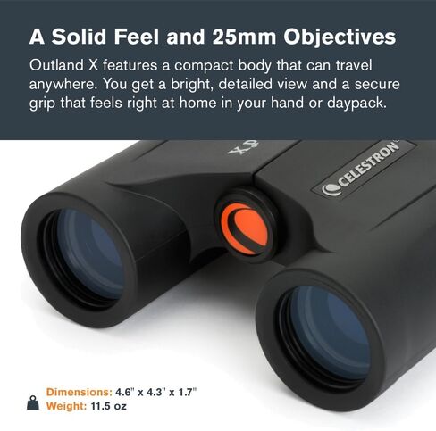 Celestron Outland X 10x25 Compact Binoculars for Hiking & Travel | Pocket-Sized Performance Binocular, 10x Magnification, Rubber-Armored Body, Waterproof, BaK-4 Prisms, Multi-Coated Optics in Saudi Arabia