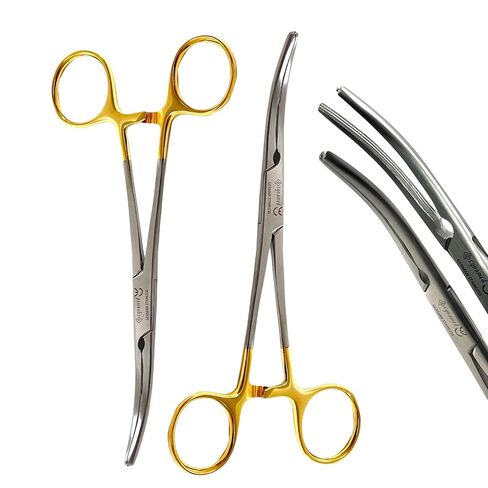 Rochester Carmalt Forceps 6.5in, Serrated Curved, German Stainless Steel Gold Handle - Autoclave-Safe Veterinary Tools (Pack of 2) in Kuwait
