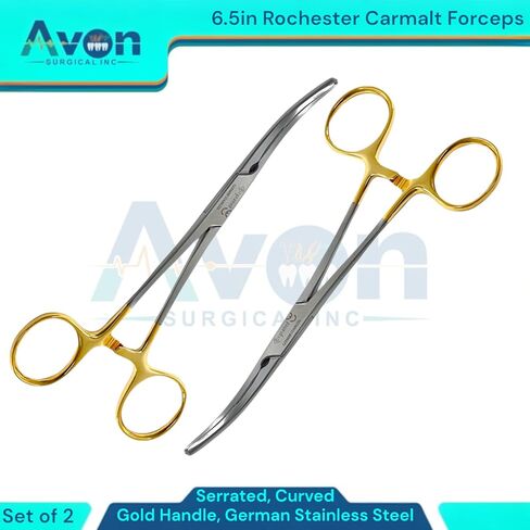 Rochester Carmalt Forceps 6.5in, Serrated Curved, German Stainless Steel Gold Handle - Autoclave-Safe Veterinary Tools (Pack of 2) in Kuwait