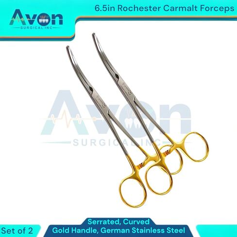 Rochester Carmalt Forceps 6.5in, Serrated Curved, German Stainless Steel Gold Handle - Autoclave-Safe Veterinary Tools (Pack of 2) in Kuwait