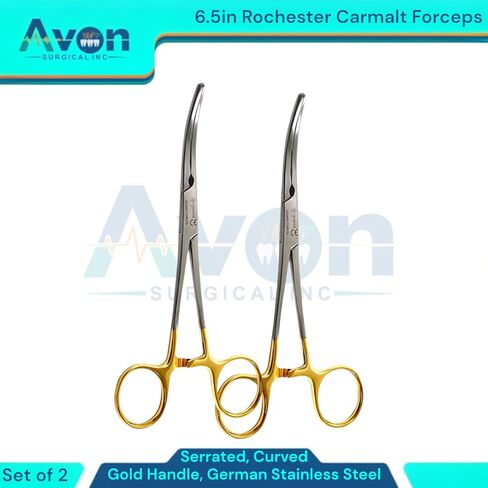 Rochester Carmalt Forceps 6.5in, Serrated Curved, German Stainless Steel Gold Handle - Autoclave-Safe Veterinary Tools (Pack of 2) in Kuwait