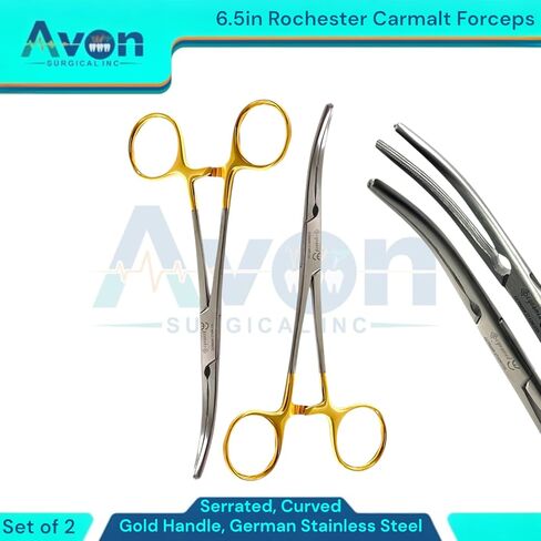 Rochester Carmalt Forceps 6.5in, Serrated Curved, German Stainless Steel Gold Handle - Autoclave-Safe Veterinary Tools (Pack of 2) in Kuwait