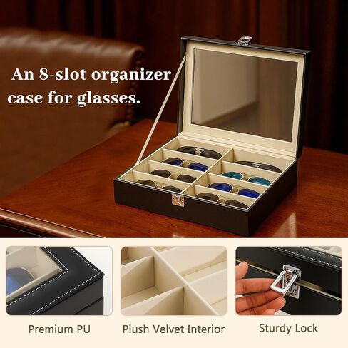 HineDa 8 Slots Hard Shell نظارات شمسية منظم - حالة نظارات جلدية PU الواقية للسفر ، الرجال نساء ، هدية لأبي عيد الحب عيد الحب (أبيض) in Kuwait
