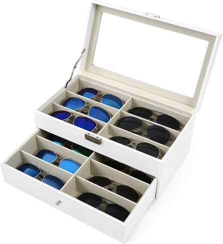 HineDa 8 Slots Hard Shell نظارات شمسية منظم - حالة نظارات جلدية PU الواقية للسفر ، الرجال نساء ، هدية لأبي عيد الحب عيد الحب (أبيض) in Kuwait