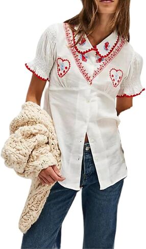 Y2k Button Down Shirts Women Slim Fit Short Sleeve Top Vintage Puff Sleeve Lapel Gingham Summer Going Out Blouse in Kuwait