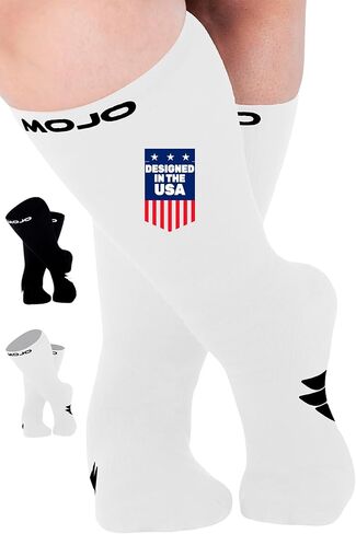 Mojo Compression Socks - Black and White Athletic Crew Length for Medium Support (15-20mmHg) - Available in 8 Sizes for Men and Women - 1 Pair in Saudi Arabia