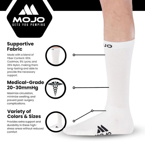 Mojo Compression Socks - Black and White Athletic Crew Length for Medium Support (15-20mmHg) - Available in 8 Sizes for Men and Women - 1 Pair in Saudi Arabia