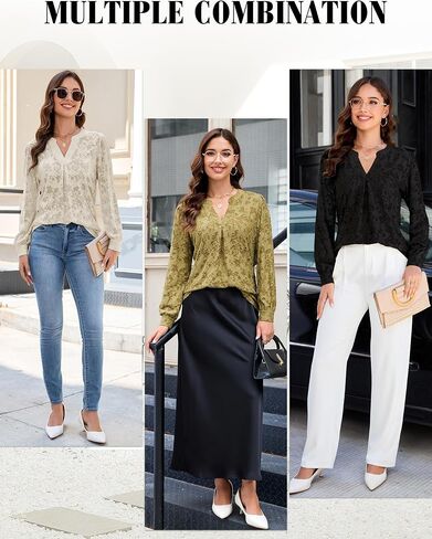 Blooming Jelly Womens Dressy Casual Blouses Lace Long Sleeve Tops Business Work Shirts V Neck Fall Fashion Clothes in Saudi Arabia
