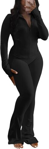 Adogirl Women 2 Piece Outfits Tracksuit Set Long Sleeve Full Zipper Crop Jacket and Flare Pants Workout Set With Pockets in Kuwait