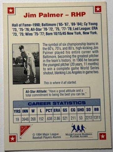 1994 Jim Palmer وقع Nabisco All Star Legends Ltd Ed Auto Trading Card + COA - MLB بطاقات البيسبول الموقعة MLB in Saudi Arabia