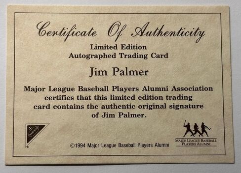 1994 Jim Palmer وقع Nabisco All Star Legends Ltd Ed Auto Trading Card + COA - MLB بطاقات البيسبول الموقعة MLB in Saudi Arabia