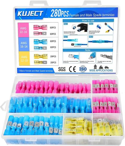 Kuject 280PCS Heat Shrink Wire Connectors, 22-10 AWG Electrical Insulated Male Female Wire Spade Terminals, Quick Disconnect Waterproof Crimp Butt Terminals for Automotive Marine Boat Truck in Kuwait