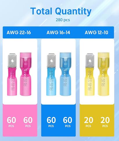 Kuject 280PCS Heat Shrink Wire Connectors, 22-10 AWG Electrical Insulated Male Female Wire Spade Terminals, Quick Disconnect Waterproof Crimp Butt Terminals for Automotive Marine Boat Truck in Kuwait