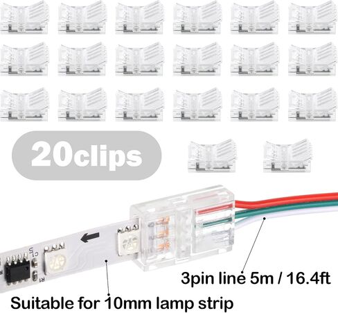 Flutesan 40 Pcs 3 Pin 10mm Solderless LED Light Strip Connectors Clear Track Lighting Connectors for 5050 RGB Strip Light in Saudi Arabia