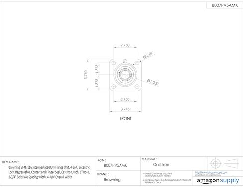 Browning VF4E-116 Intermediate-Duty Flange Unit, 4 Bolt, Eccentric Lock, Regreasable, Contact and Flinger Seal, Cast Iron, Inch, 1" Bore, 2-3/4" Bolt Hole Spacing Width, 4-7/8" Overall Width in Saudi Arabia