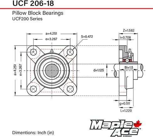 Maple Ace UCF206-18 Square Loving Bearing 1-1/8 "Bore ، 4-Bolt Telfing ، قاعدة صلبة ، رسوم شاقة in Saudi Arabia