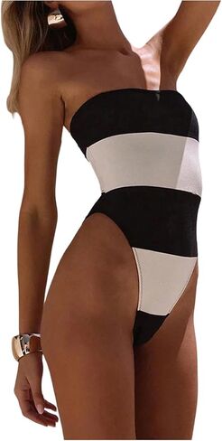 WDIRARA Women's One Piece Color Block Strapless Swimsuit High Cut Bandeau Bathing Suit in Saudi Arabia
