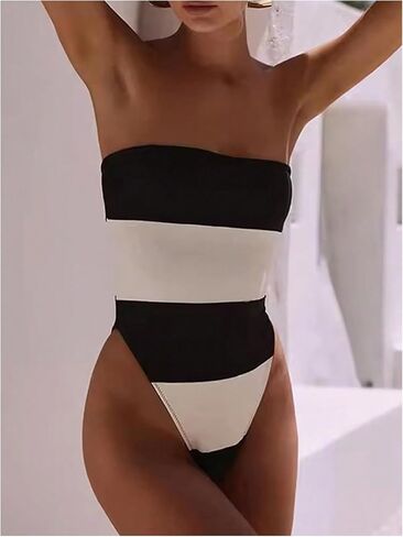 WDIRARA Women's One Piece Color Block Strapless Swimsuit High Cut Bandeau Bathing Suit in Saudi Arabia