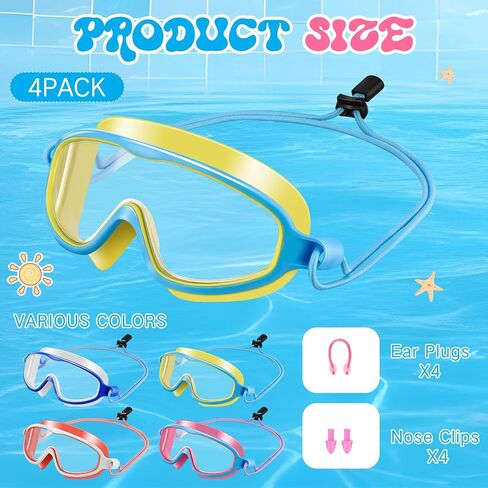 4 PCS Kids Swim Anti Fog Goggles Quick اضبط لا توجد نظارات رؤية عريضة تسرب مع مقاطع الأذن مقاطع الأنف in Saudi Arabia