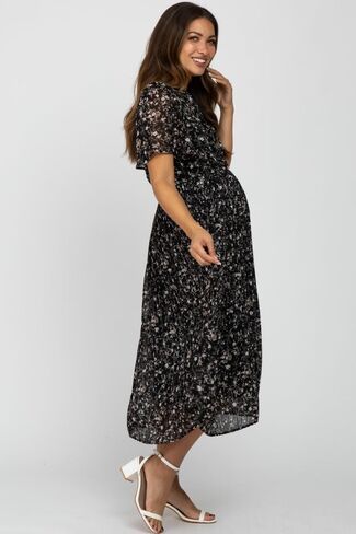 Pinkblush Light Floral Plateed Sleeve Shift Shiffon Midi Dress in Kuwait