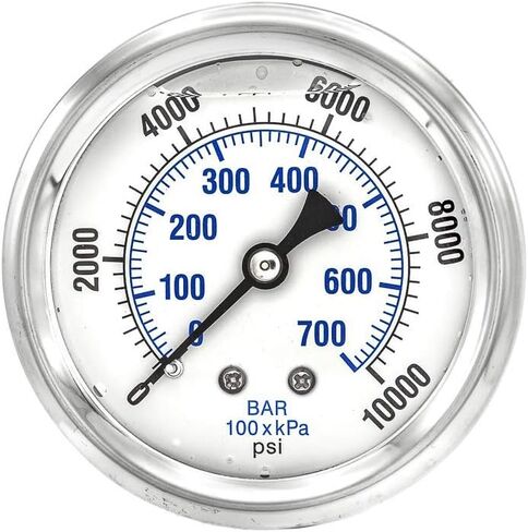 General Purpose Stainless Steel Glycerin Filled 0-10000 PSI Gauge 2.5 Inch Face, 1/4 NPT (.540 Inch) Back Mount in Saudi Arabia